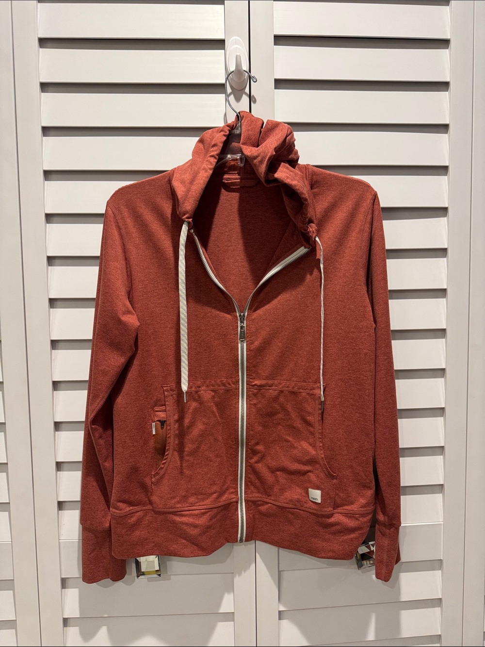 Vuori Halo Performance Zip Hoodie in Rust Orange, soft fabric. No fabric tag. - Picture 2 of 10